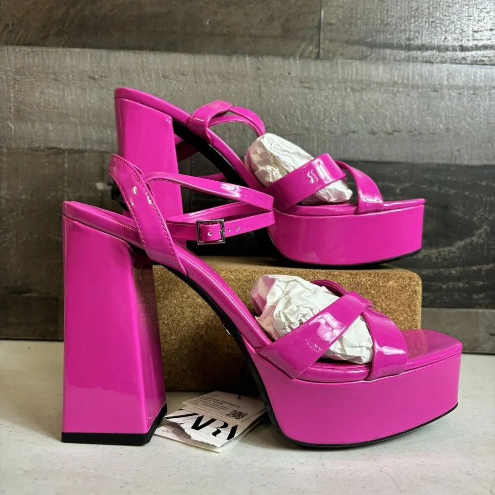 Zara Fuschia Pink Strappy Chunky Platform Heel Sandals